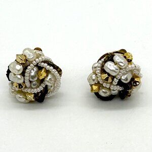 Vintage Faux Pearl Clip-On Earrings Gold-Tone Cluster Mid-Century 1950-1960